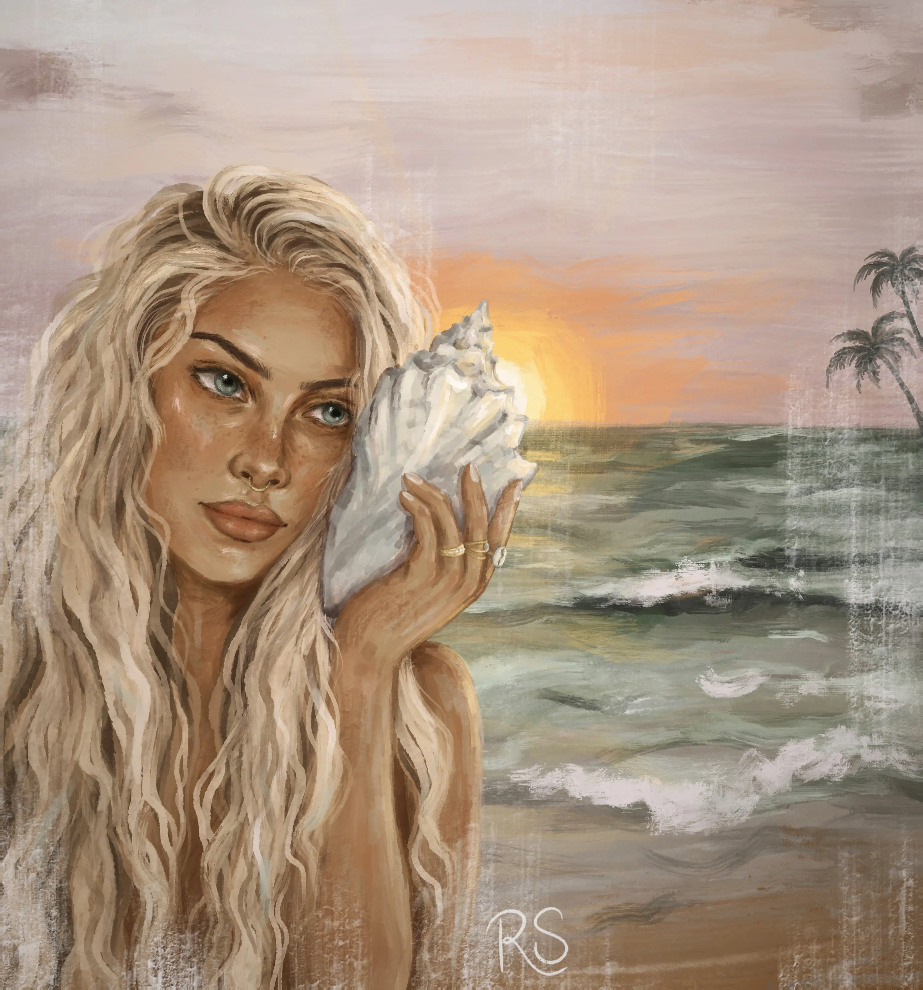 Porträt einer Frau mit einer Muschel am Meer von Rebecca Sophia