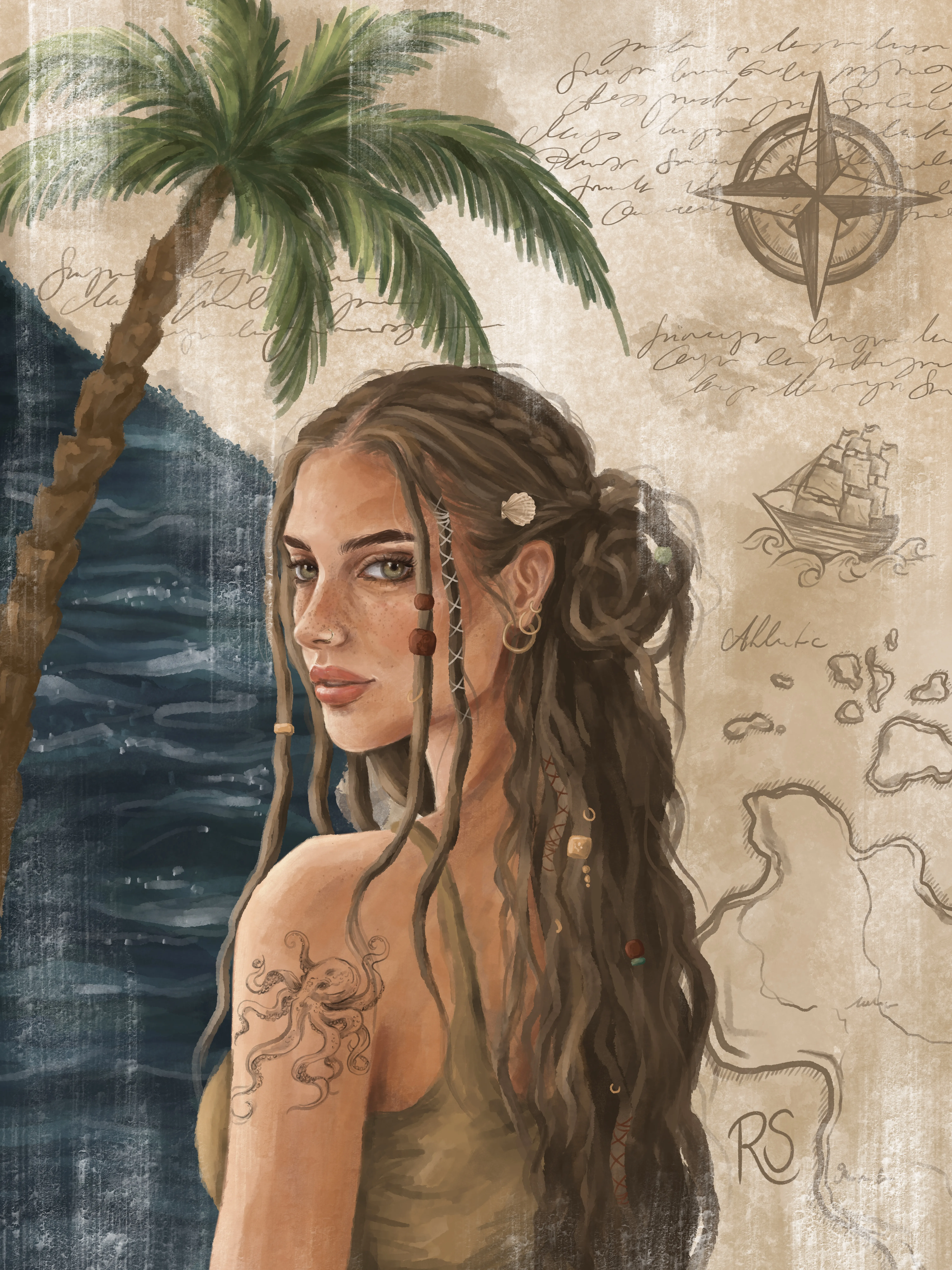 Illustration einer Frau mit nautischen Motiven, einer Palme und einer Seekarte von Rebecca Sophia