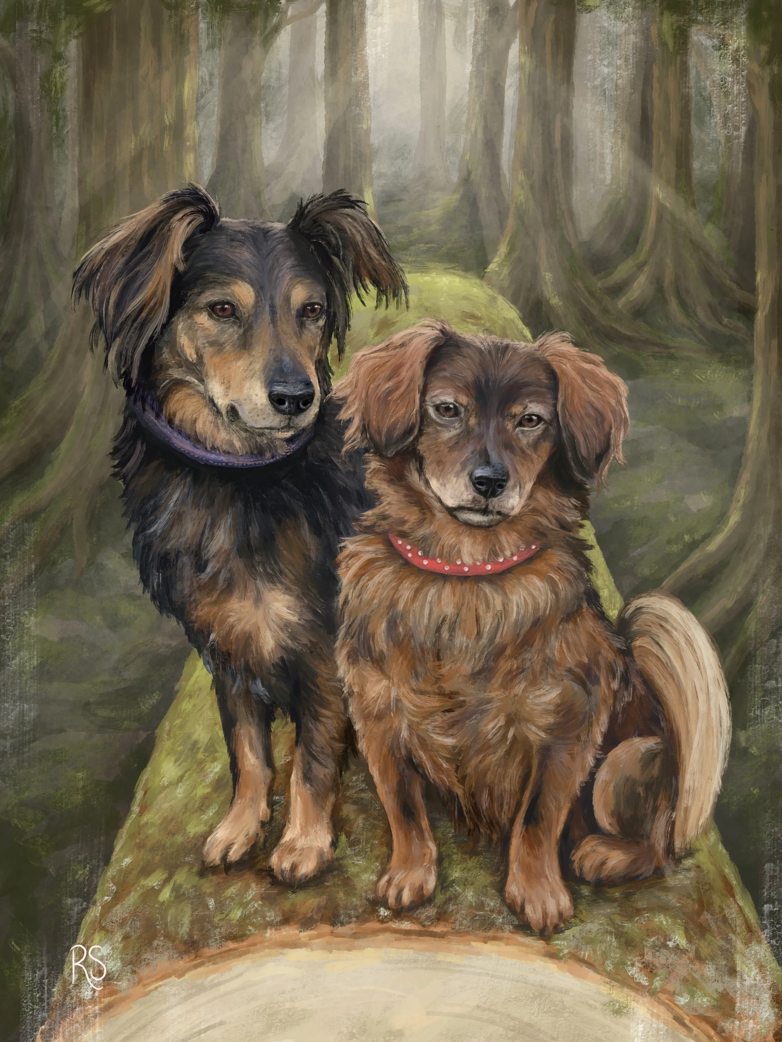 Porträt von zwei Hunden vor einem Wald, gemalt von Rebecca Sophia